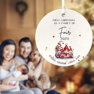 Family of 4 First Christmas 3, Personalized 2024 Custom Ceramic Ornament Heirloom Keepsake, Adoption