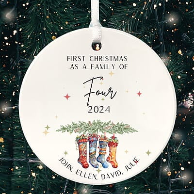Family of 4 First Christmas 3, Personalized 2024 Custom Ceramic Ornament Heirloom Keepsake, Adoption