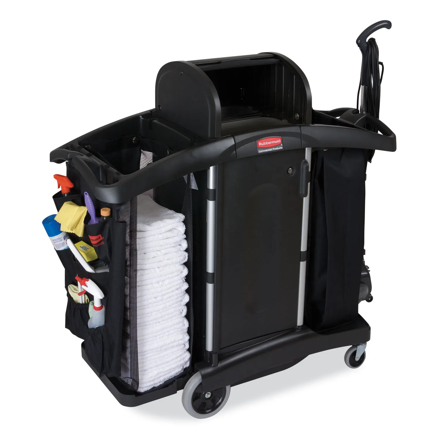 Rubbermaid High-Security Housekeeping Cart, Plastic, 3 Shelves, 2 Bins, 22" x 51.75" x 53.5", Black/Silver