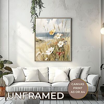 French Coastal Daisy Landscape Canvas Print | UNFRAMED Unframed premium cotton canvas print