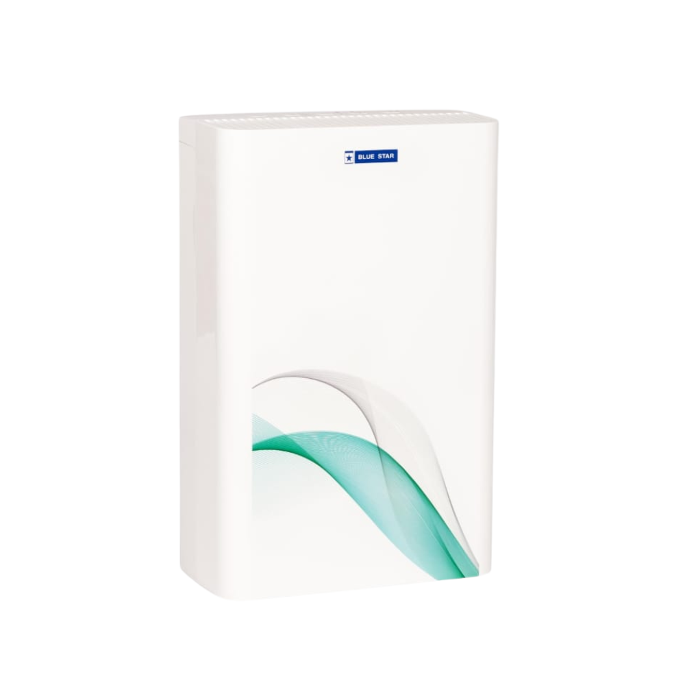 The sleek, white Blue Star BS-AP300DAI air purifier operating in a modern Delhi living room.