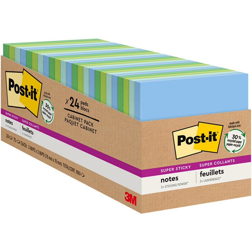 Post-it 654-24SST-CP Super Sticky Notes Recycled 76mm x 76mm Oasis Cabinet Pack of 24