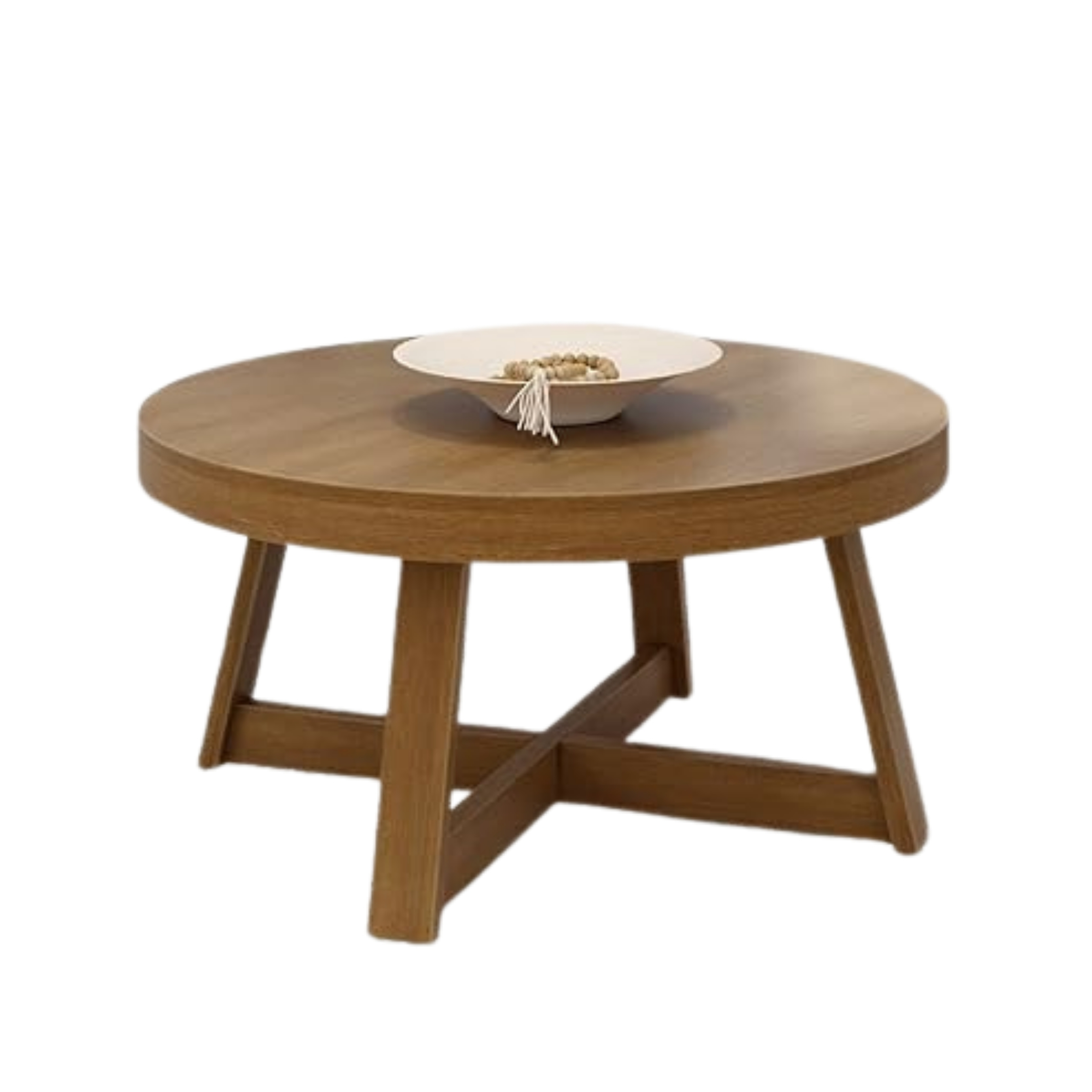 30 Round Farmhouse Coffee Table – Solid Pine Wood, Pecan Finish, Rustic Design for Small Living Spaces
