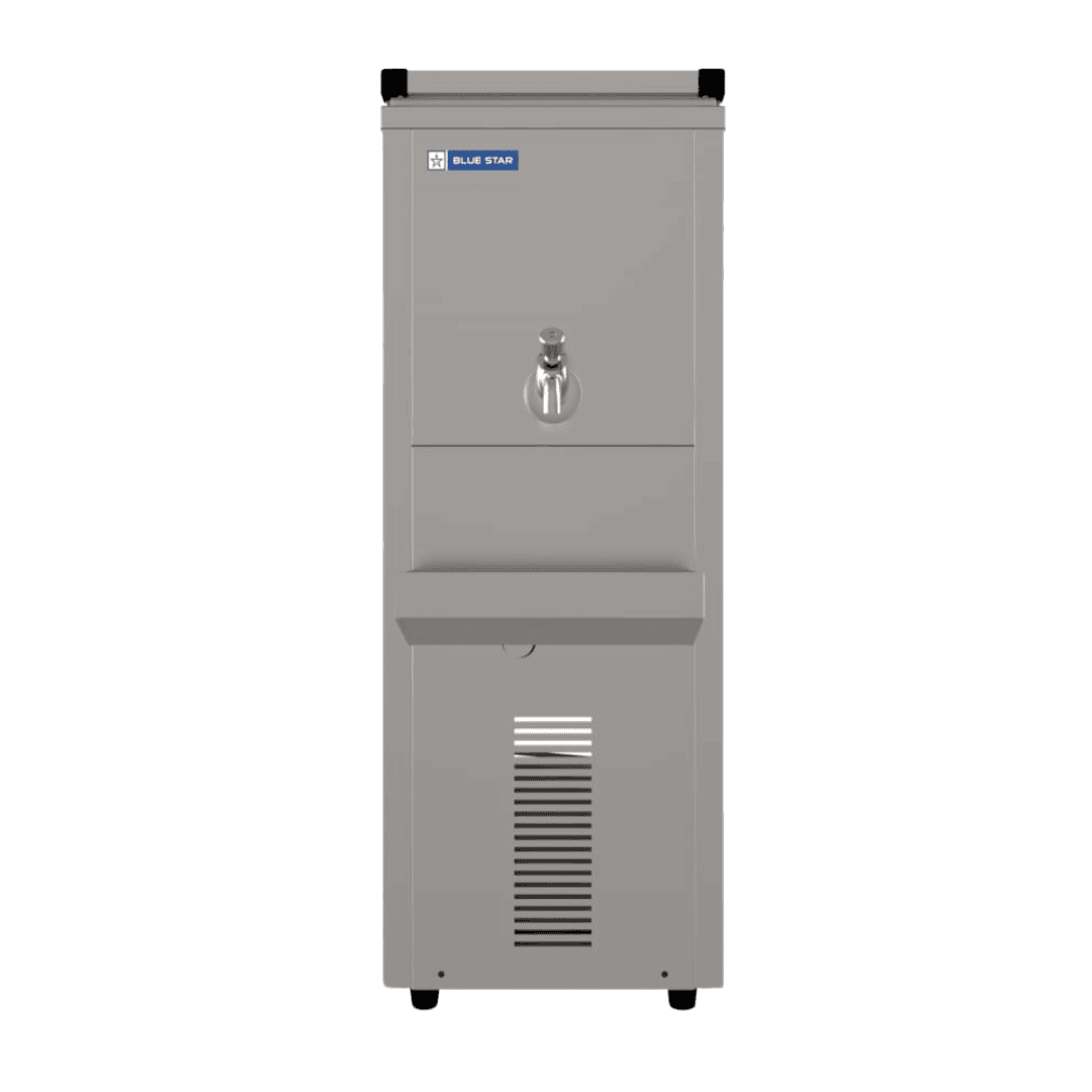 Front view of Sleek stainless steel Blue Star SDLX2040 water cooler with 40-liter capacity. Front view of Sleek stainless steel Blue Star SDLX2040 water cooler with 40-liter capacity.