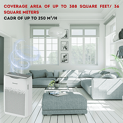 Family relaxing in a living room with the Honeywell Air Touch P1