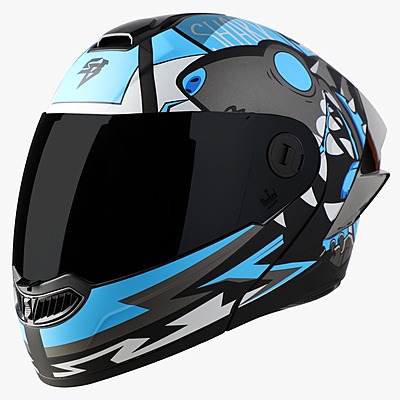 STEELBIRD SBA-8 ISS SHARKY GLOSSY BLACK/JAZZ BLUE C/V 580 MM WITH EXTRA SMOKE VISOR & BLACK SPOILER