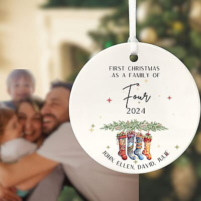 Family of 4 First Christmas 4, Personalized 2024 Custom Ceramic Ornament, Quality Lasting Heirloom Keepsake, Beautiful Nostalgic Memento
