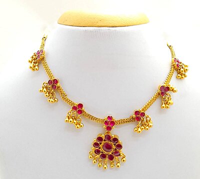 Panchalokam Attigai | One Gram Gold Finish & Real Kemp Stones Short Necklace | Temple Jewellery