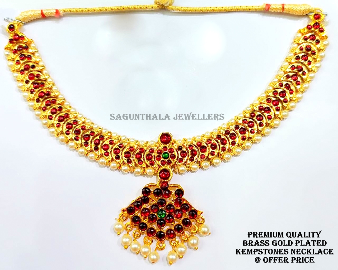 Temple Jewellery - Brass Gold Finish & Kempstones Necklace