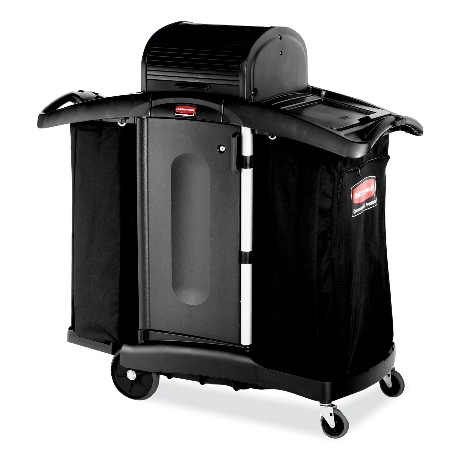 Rubbermaid High-Security Housekeeping Cart, Plastic, 3 Shelves, 2 Bins, 22" x 51.75" x 53.5", Black/Silver