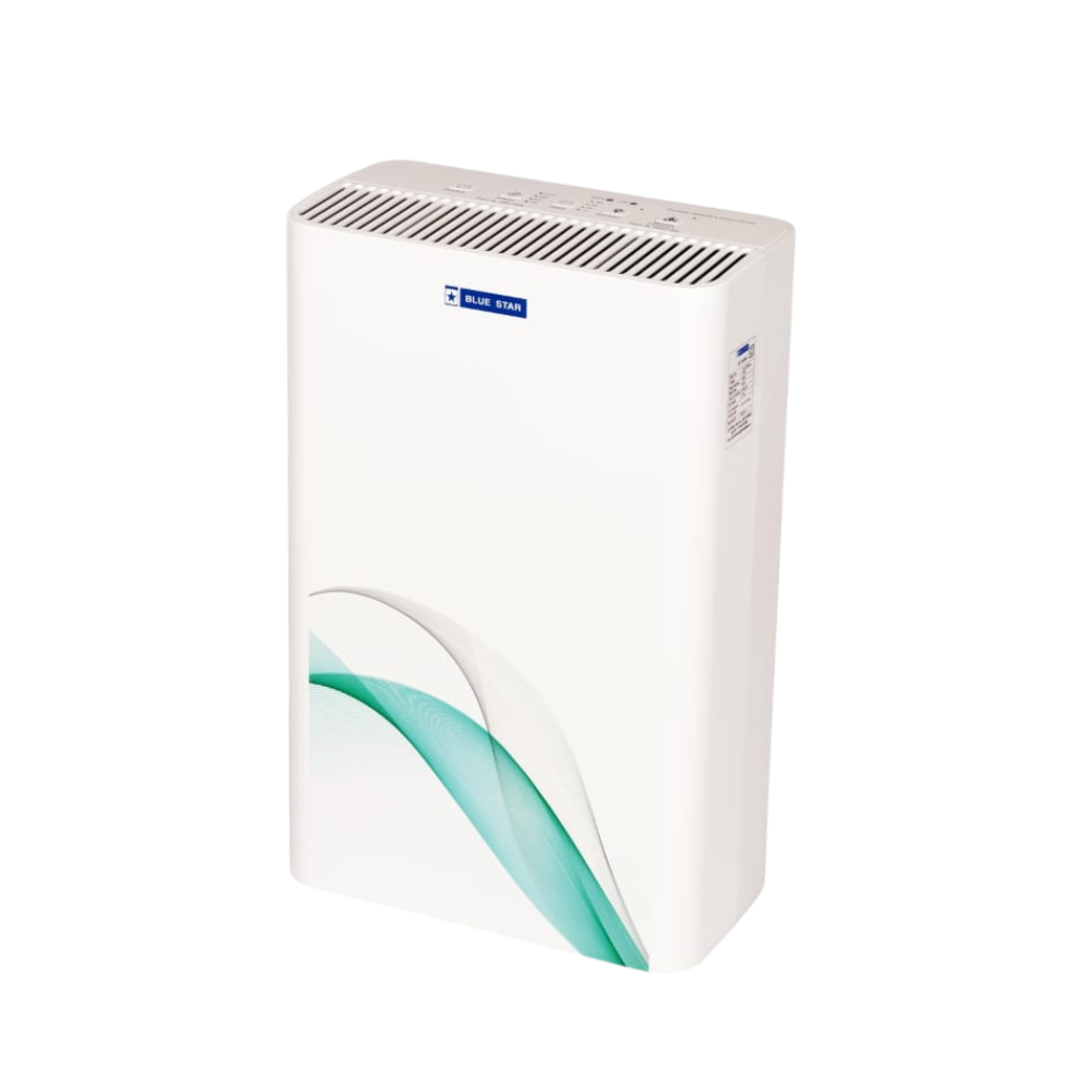 A person activating the quiet Sleep Mode on their Blue Star air purifier before bed.