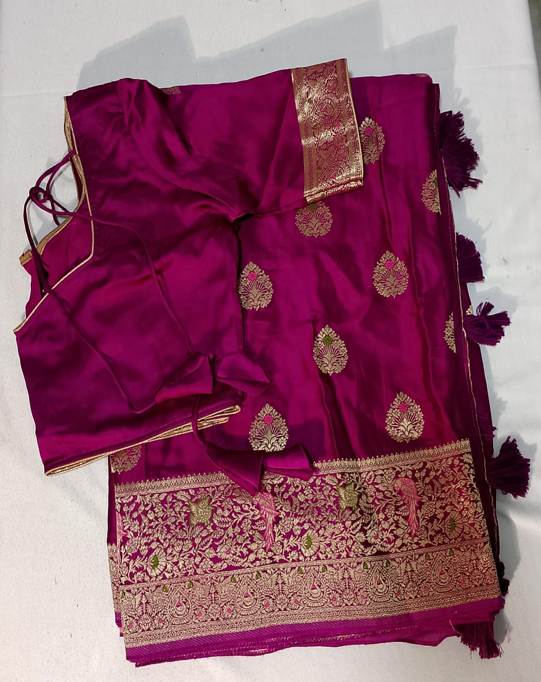 C153: Ready To Ship Beautiful Banarasi Satin Silk Saree With Stitched Blouse