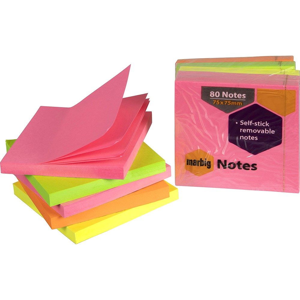 Marbig Repositionable Notes 75 x 75mm Brilliant Neon 80 Sheet Pad Assorted Pack  Of 5