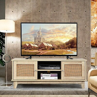 Boho Light Wood & Rattan TV Stand - Media Console with Cane Doors