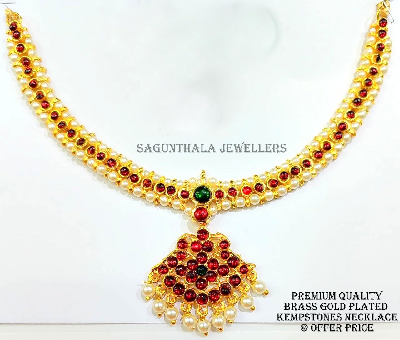 Traditional Temple Jewellery Necklace – Brass Gold Finish with Kemp Stones | Bridal & Dance Wear