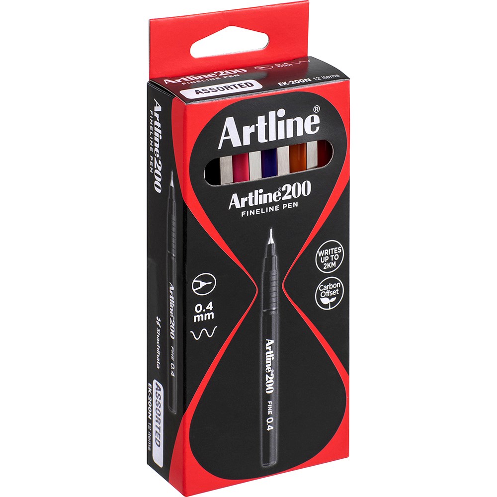 Artline 200 Fineliner Pen Fine 0.4mm 8 Assorted Colours Pack  Of 12