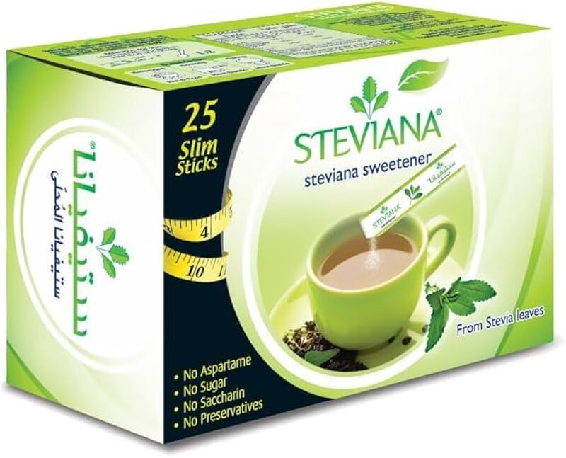 STEVIANA Sweetner from Stevia leaves - Made in KSA (166005) 25 Slim Sticks of 1.5g - NET WT 37.5g. STEVIANA Sweetner from Stevia leaves - Made in KSA (166005) 25 Slim Sticks of 1.5g - NET WT 37.5g.