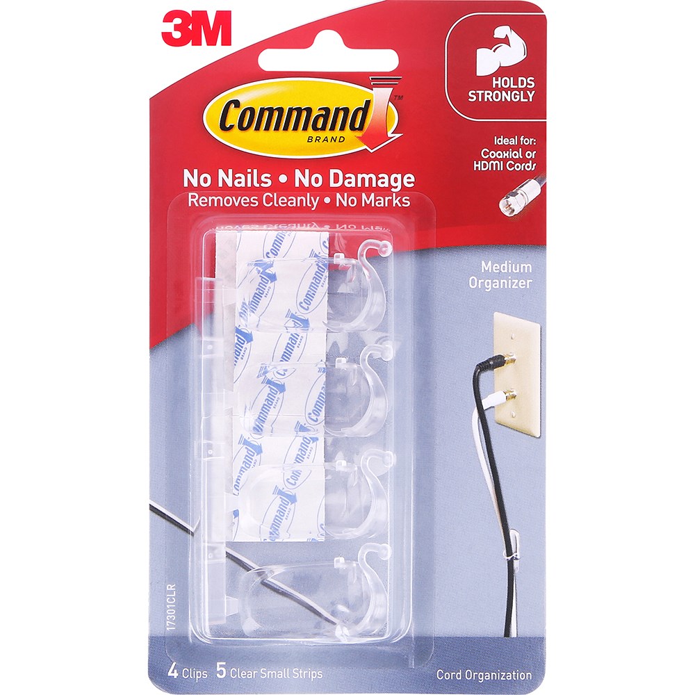 Command 17301CLR Cord Organiser Medium Cord Clips Clear Pack of 4