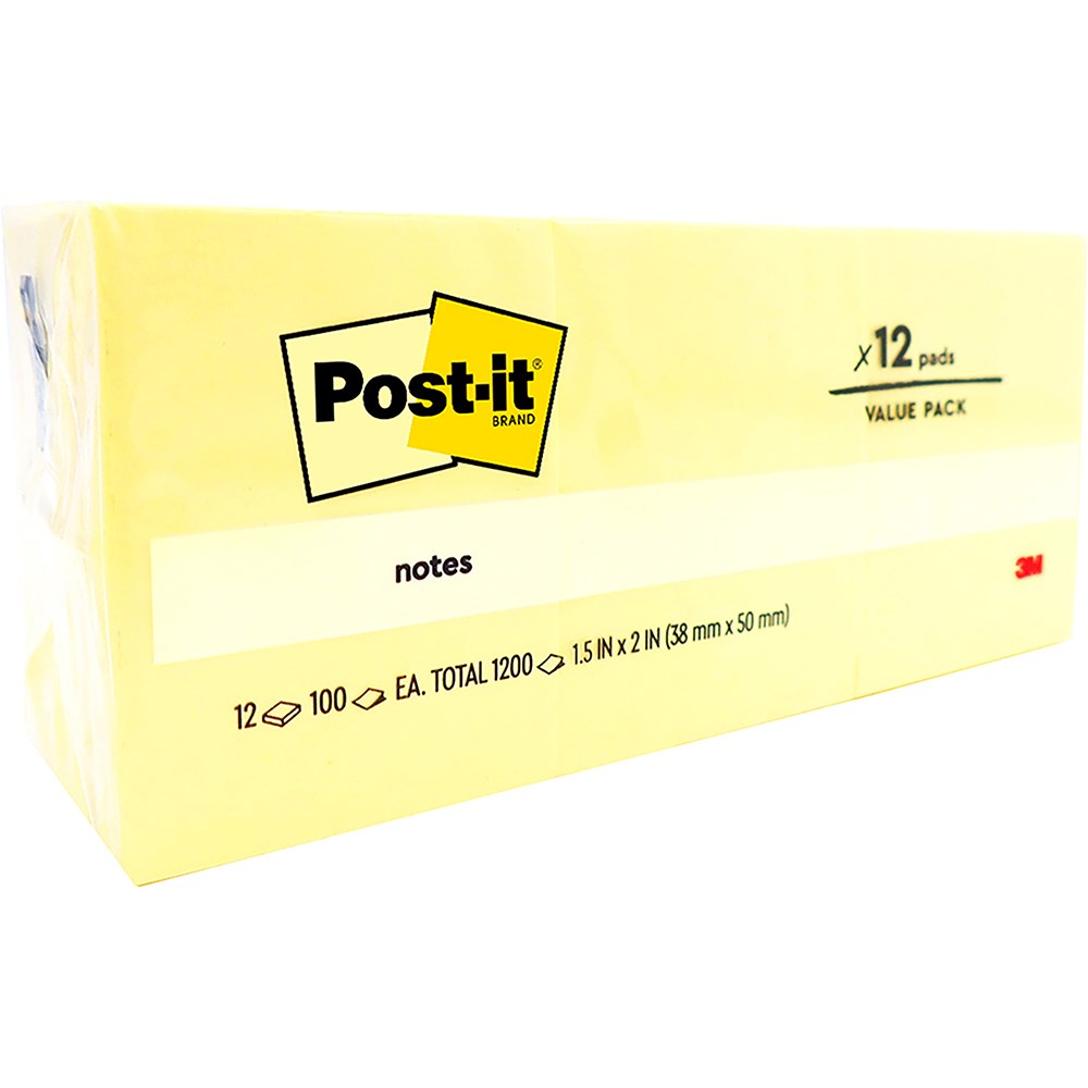 Post-It 653 Notes Original 36x48mm Yellow Pad 100 Sheets Pack of 12