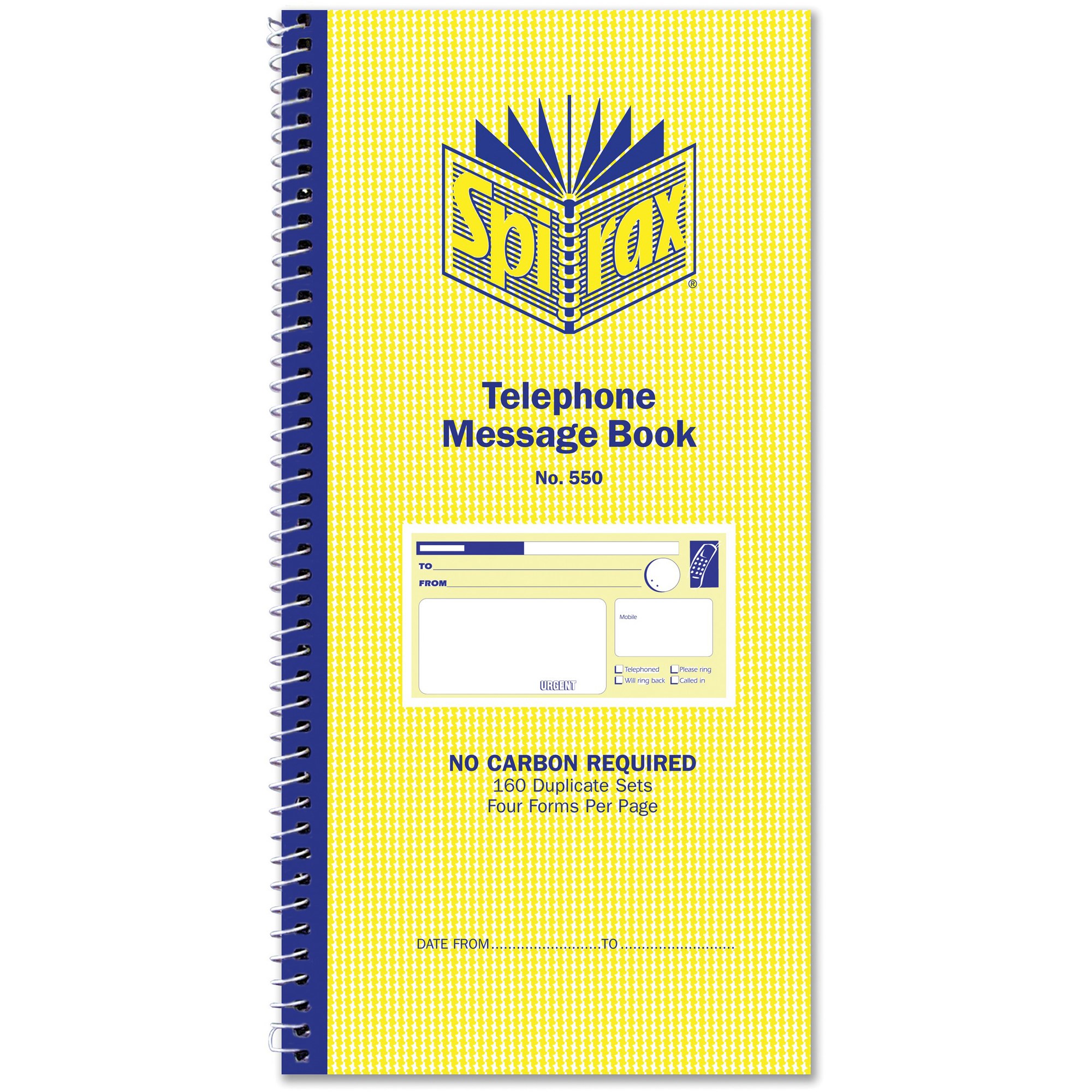 Spirax 550 Telephone Message Book Carbonless 4 Per Page 160 Duplicate Sets Side Opening