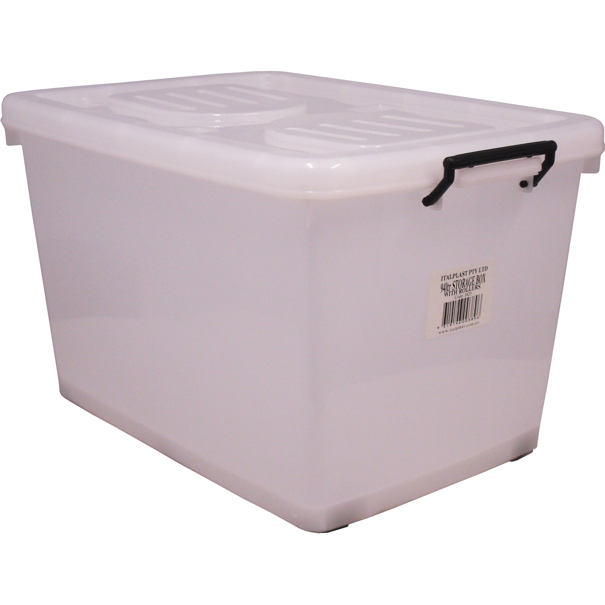 Italplast 90 Litre Plastic Storage Box With Lid And Rollers Clear