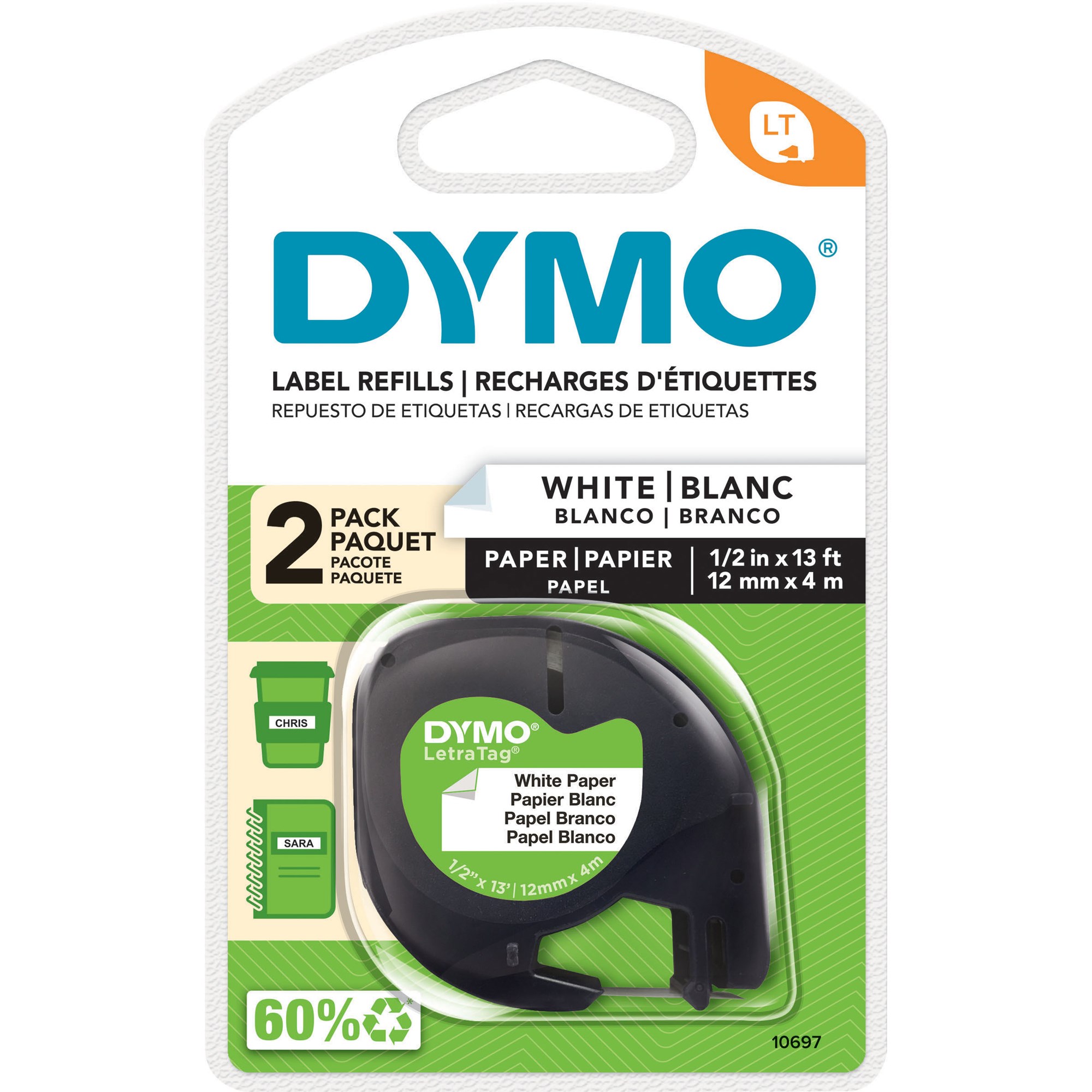 Dymo LetraTag Paper Labels 12mm x 4m Pack  of 2 Black On White