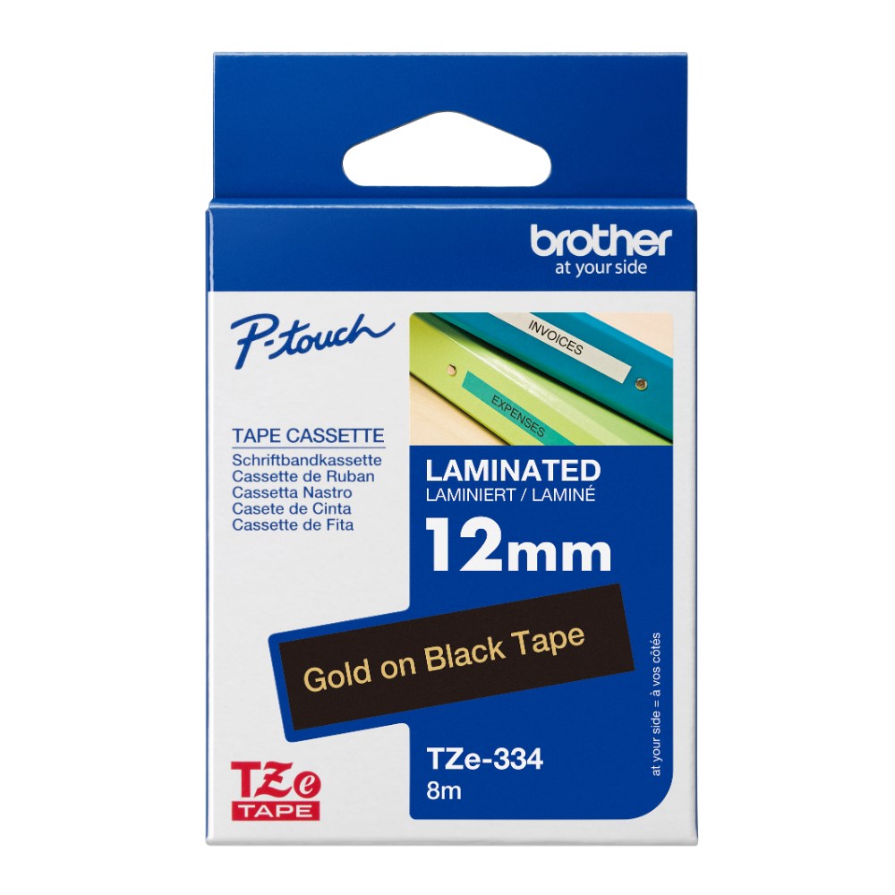 Brother TZE-334 P-Touch Laminated Tape 12mm x 8m Gold On Black