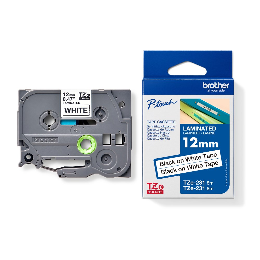 Brother TZE-231V2 P-Touch Laminated Tape 12mm x 8m Black On White Pack Of 2