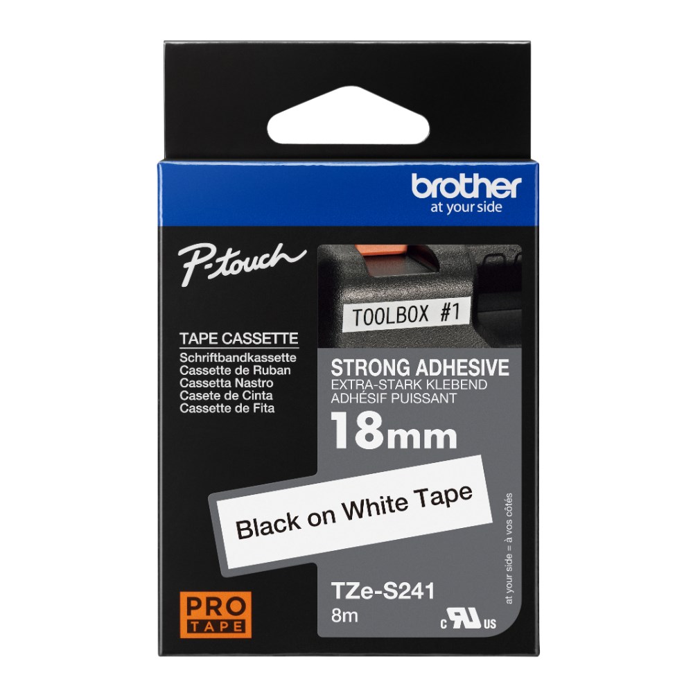 Brother TZE-S241 P-Touch Tape 18mmx8m Black on White Strong Adhesive