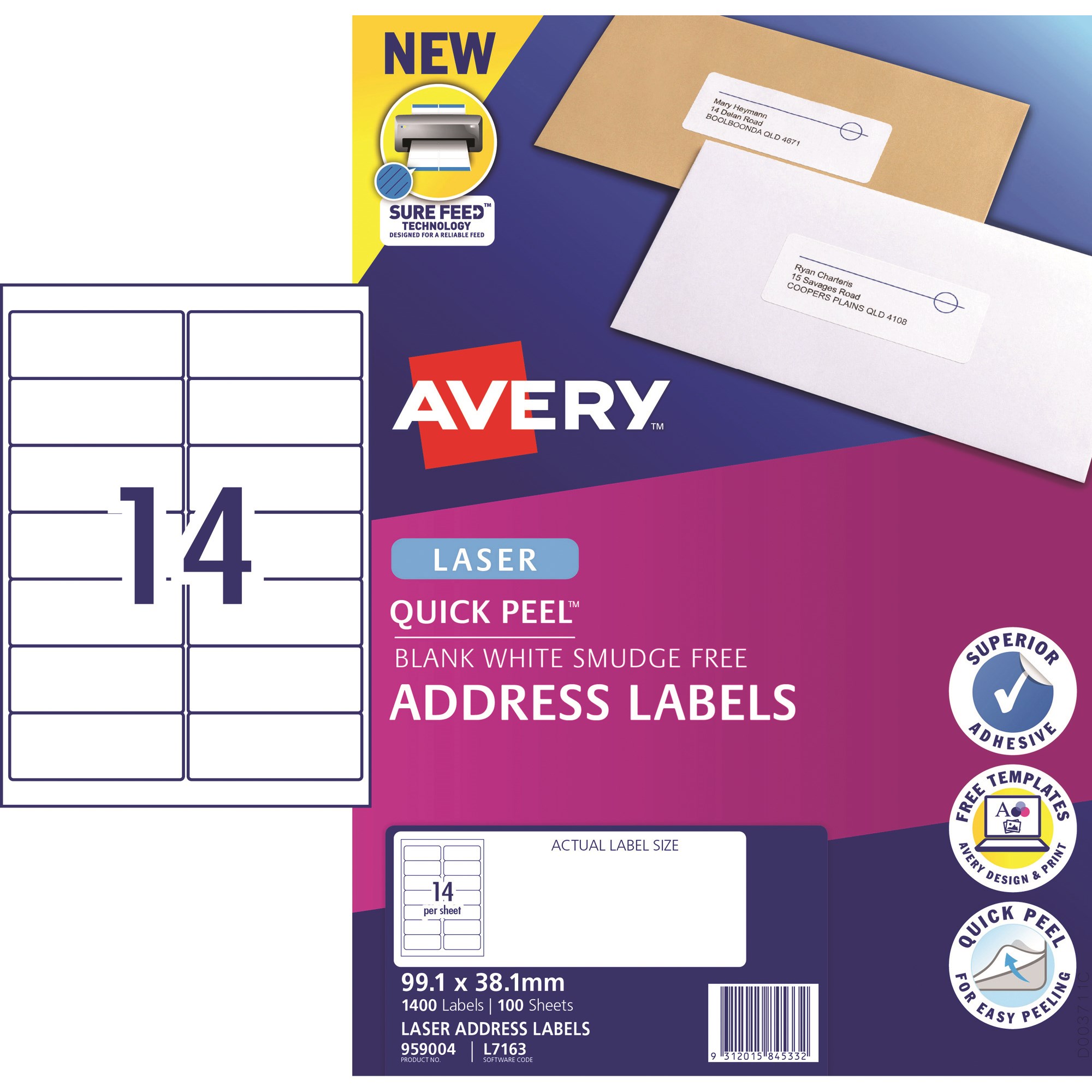 Avery Quick Peel Address Laser White L7163 99.1x38.1mm  14UP 1400 Labels 100 Sheets