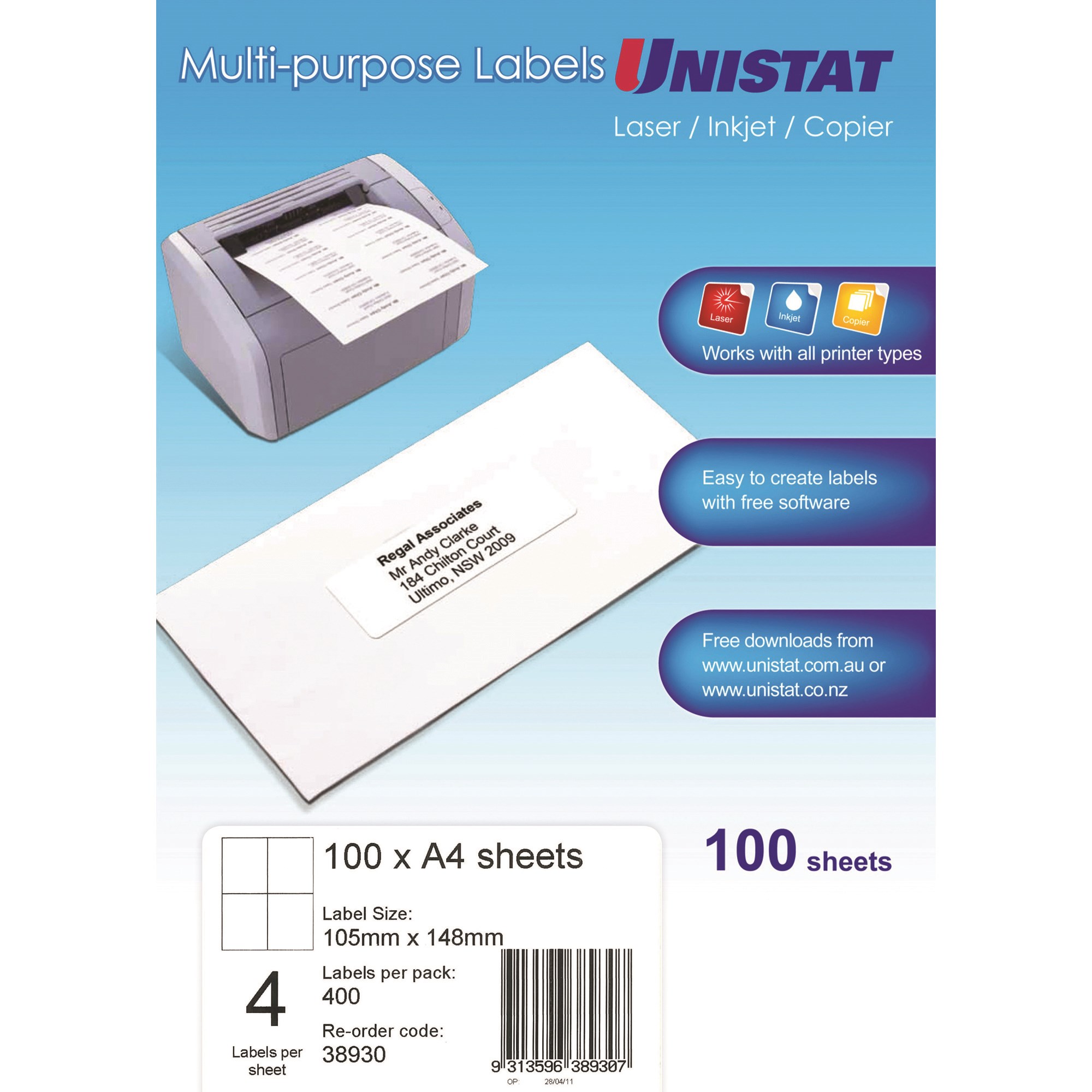 Unistat Laser Copier & Inkjet Labels 105x148mm 4UP 400 Labels 100 Sheets