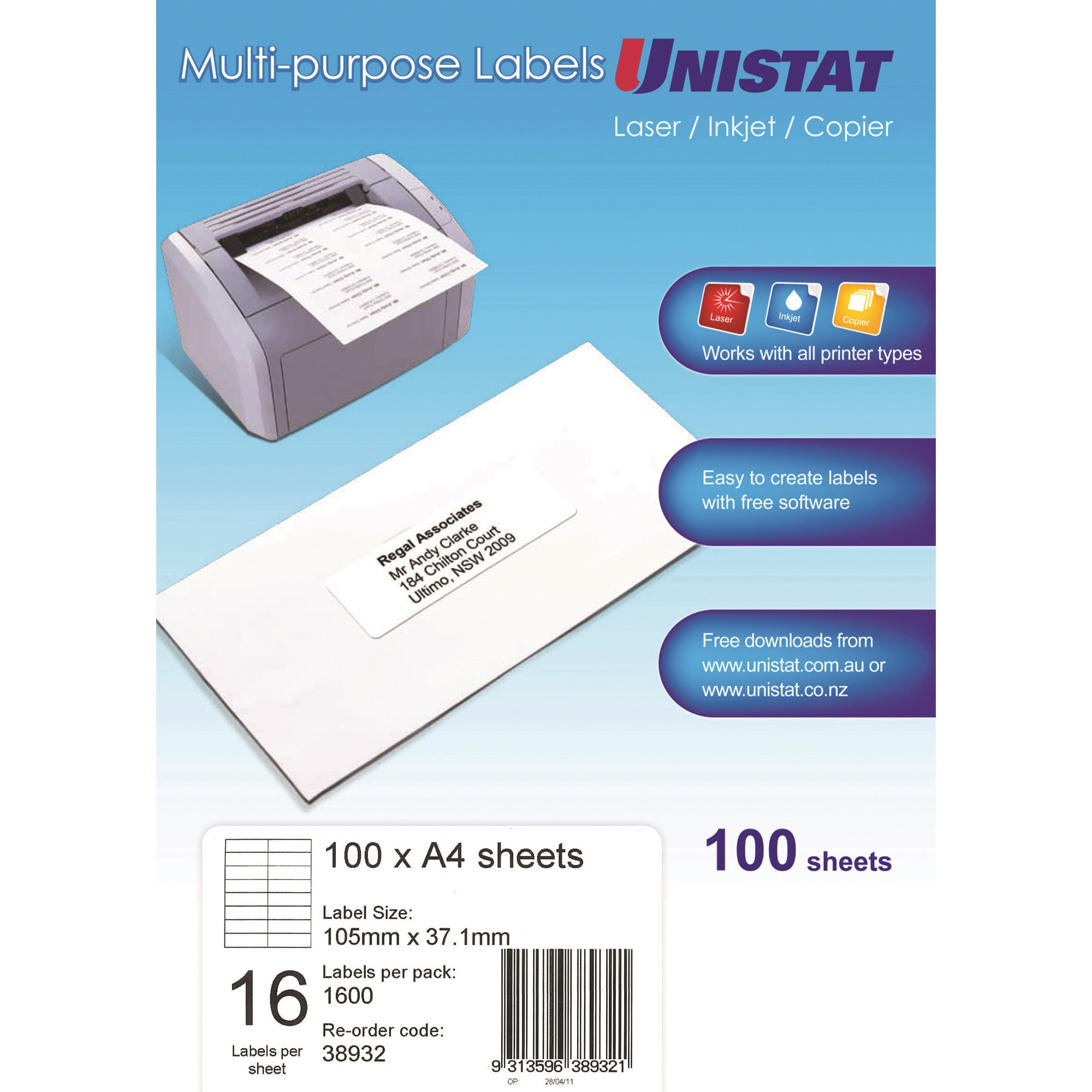 Unistat Laser Copier & Inkjet Labels 105x37mm 16UP 1600 Labels 100 Sheets