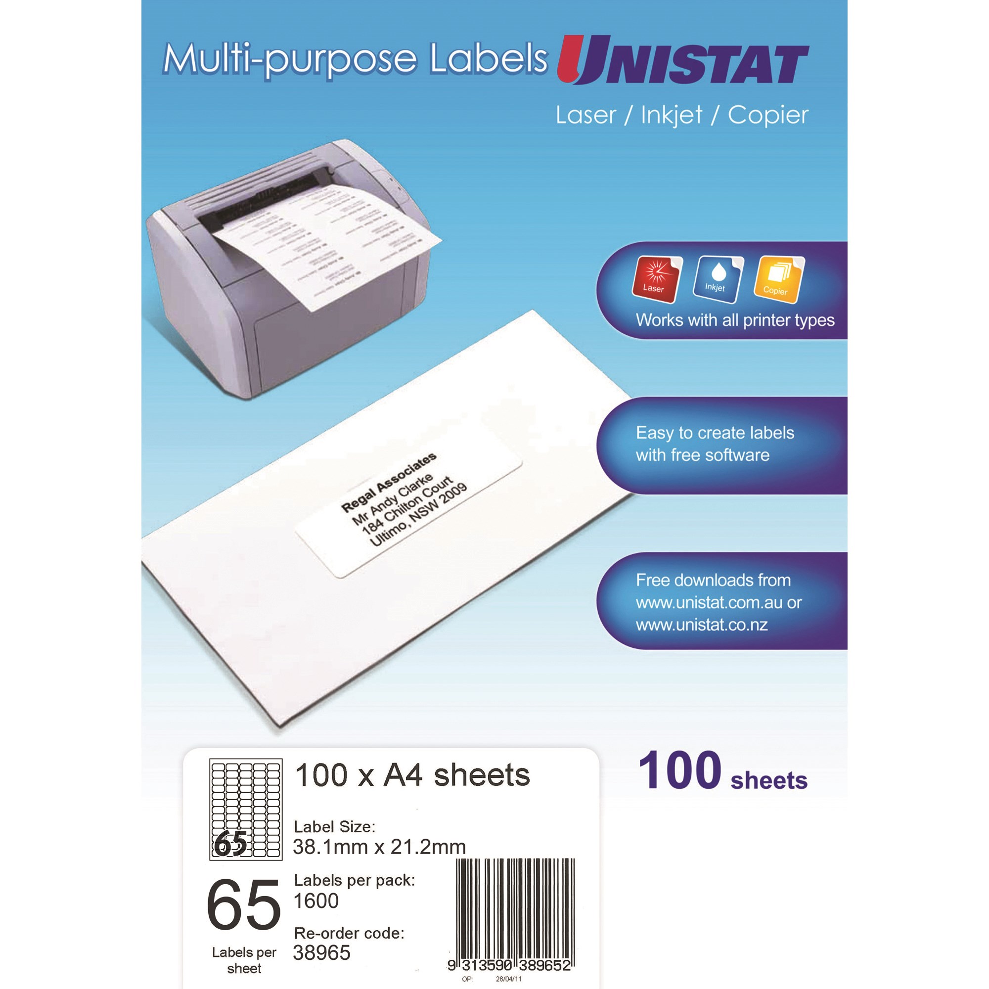 Unistat Laser Copier & Inkjet Labels 38.1x21.2mm 65UP 6500 Labels 100 Sheets