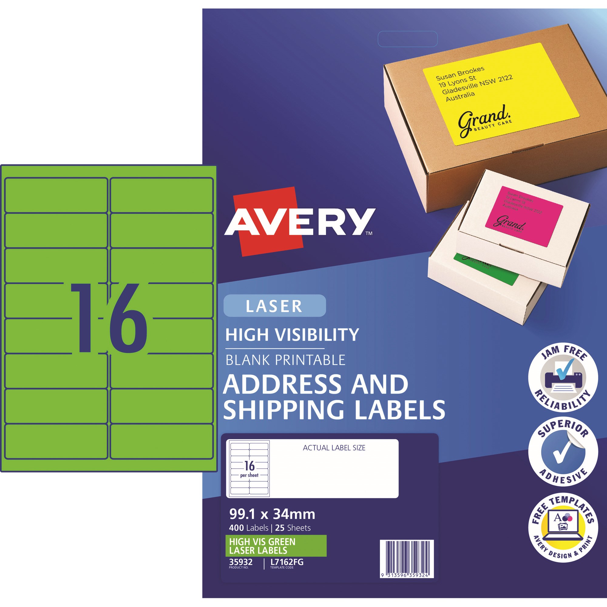 Avery High Visibility Shipping Laser Label L7162FG 199.1x34mm Fluoro Green Pack of 25 (400)