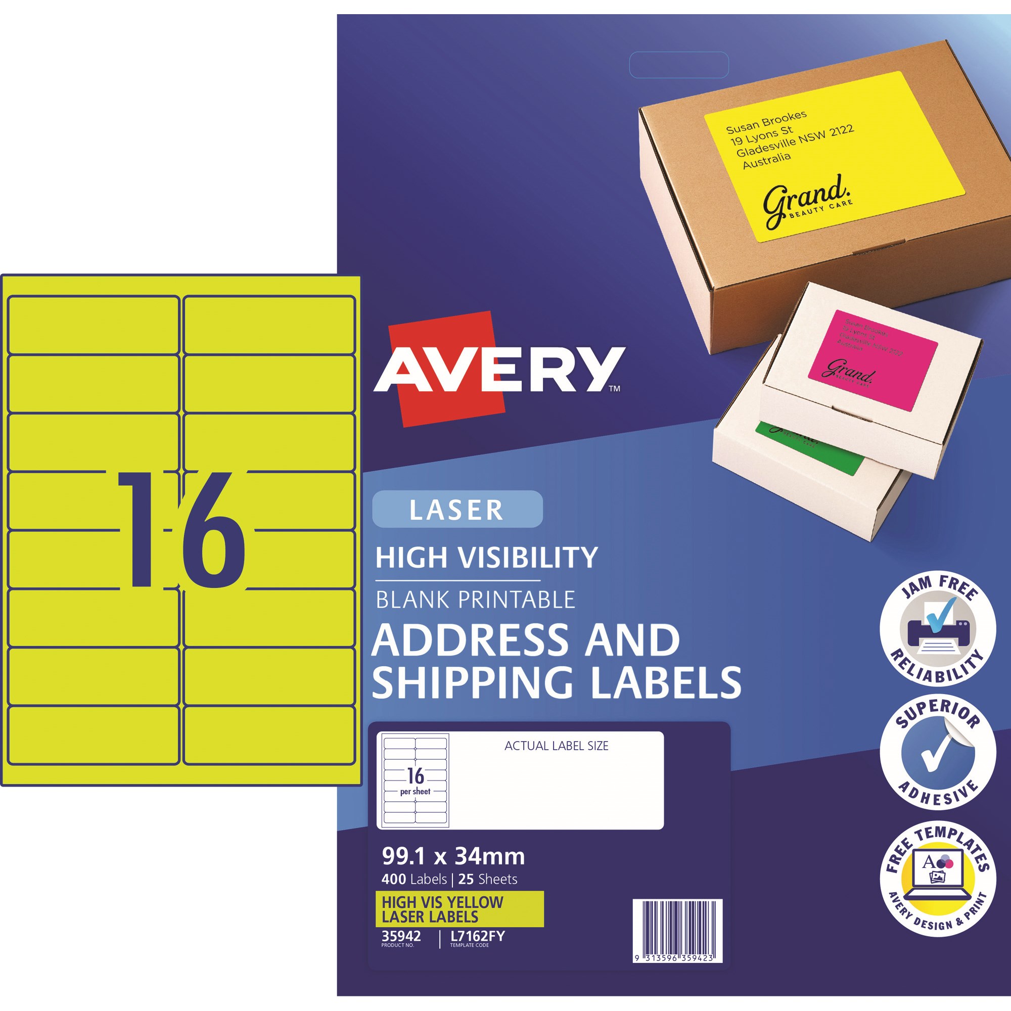 Avery High Visibility Shipping Laser Labels L7162FY 99.1x34mm Fluoro Yellow Pack of 25 (400