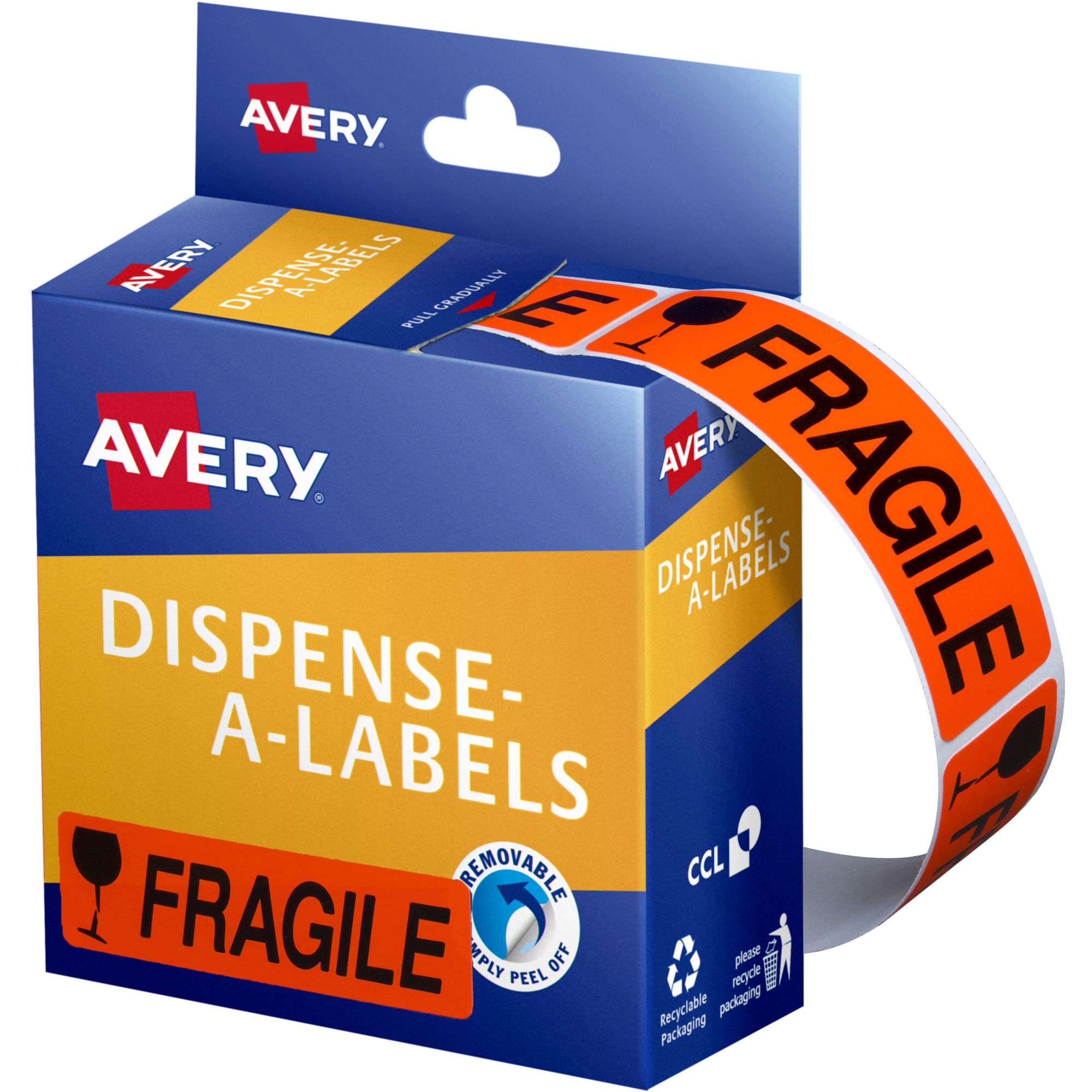 Avery Removable Dispenser Labels 19x64mm Fragile Black On Fluoro Red Pack  Of 125