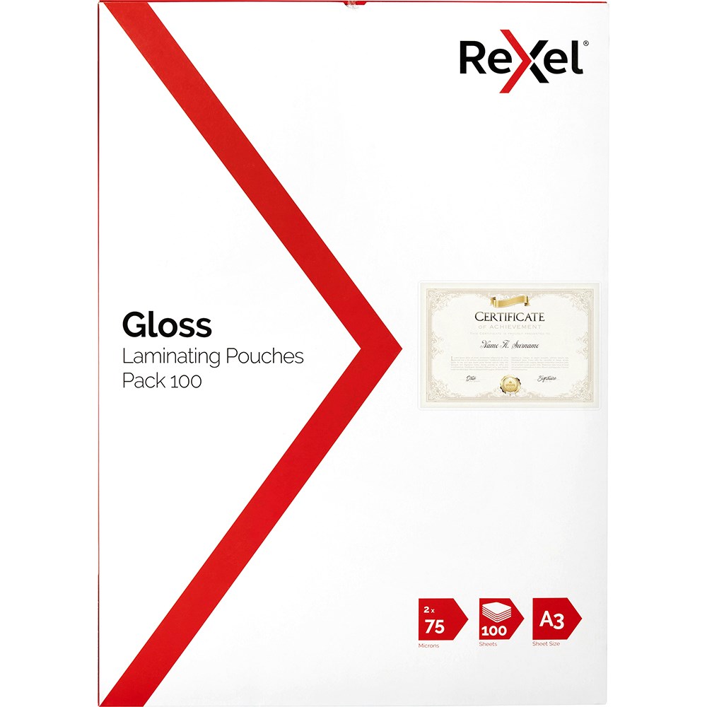 Rexel Laminating Pouches A3 75 Micron Gloss Pack Of 100