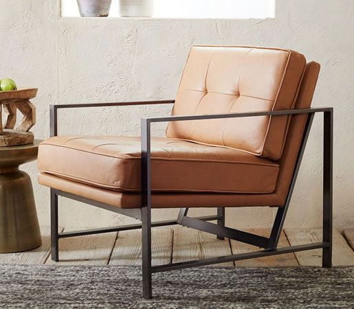 Modern Leather Lounge Chair – Tan Upholstered Accent Chair with Metal Frame