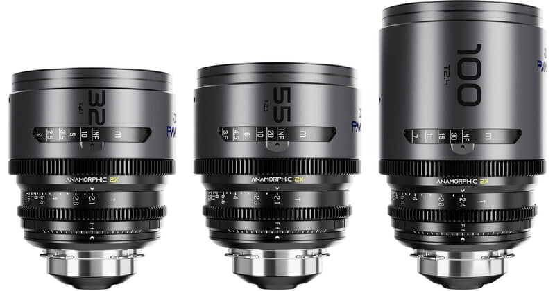DZOFILM Pavo 2x anamorphic Prime B set 32/55/100mm T2.1 -T2.4 (100mm) Blue Coating- PL&EF mount (feet)