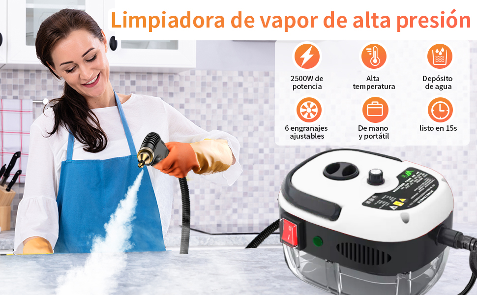 Limpiador a Vapor de Alta Presión, Tres Niveles de Temperatura Ajustable 2500W