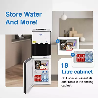 The 18-litre refrigerated cabinet of the Voltas Minimagic Spring RV+, stocked with beverages. The 18-litre refrigerated cabinet of the Voltas Minimagic Spring RV+, stocked with beverages.
