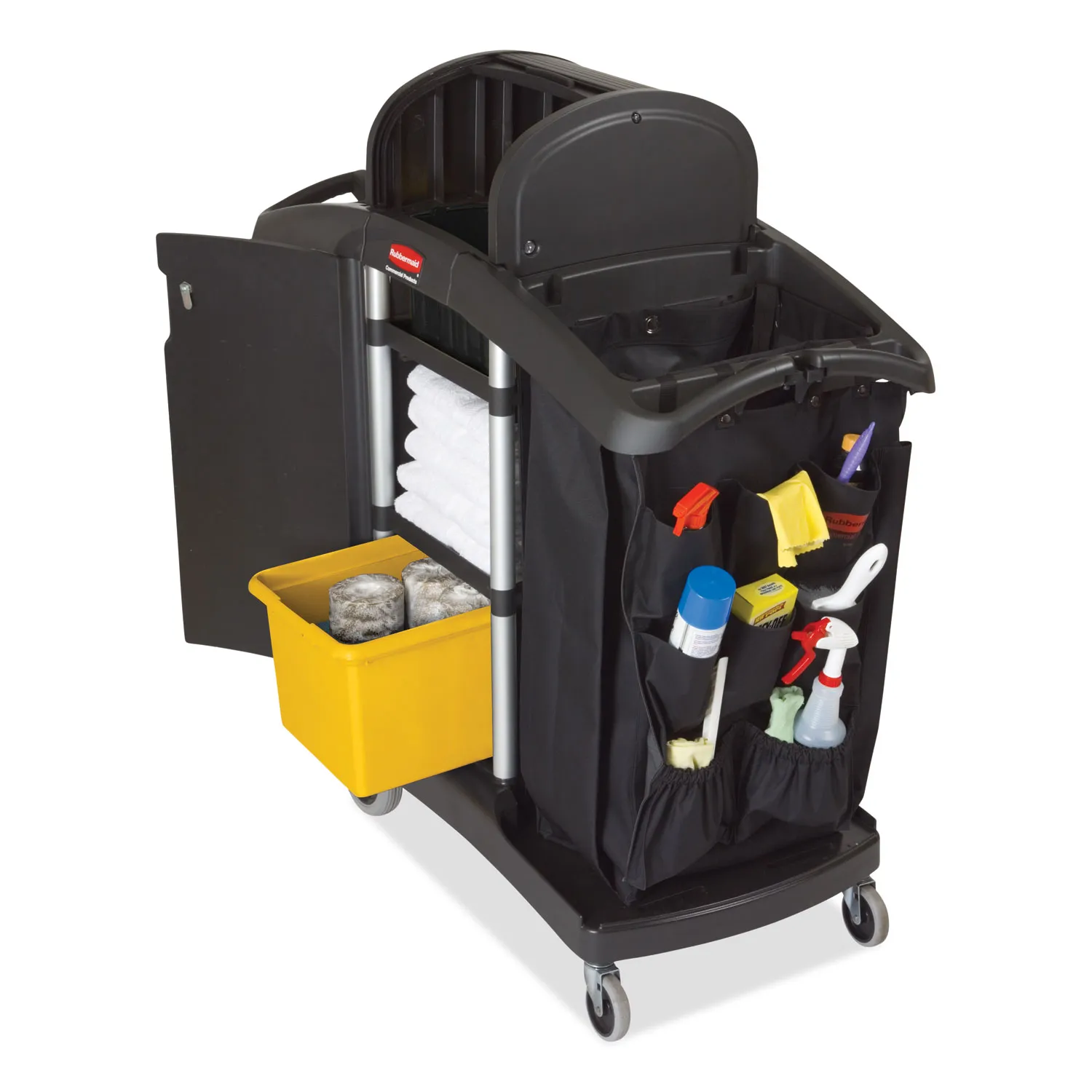 Rubbermaid High-Security Housekeeping Cart, Plastic, 3 Shelves, 2 Bins, 22" x 51.75" x 53.5", Black/Silver