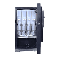 Vending machine with four prominent beverage selection buttons. Vending machine with four prominent beverage selection buttons.
