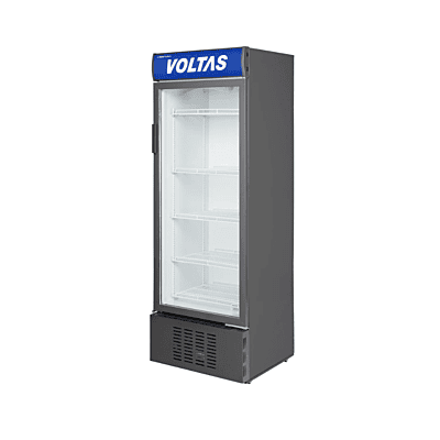 Front view of the sleek Voltas Visi Cooler VC550, showcasing its large, clear Low-E glass door.