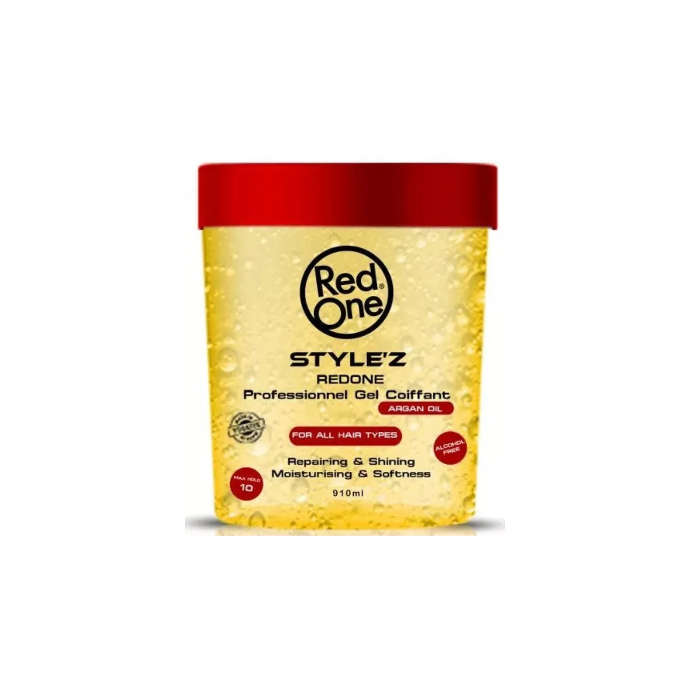 RedOne Style’z Coiffant Gel with Argan Oil in red container for hair repair and shine. RedOne Style’z Coiffant Gel with Argan Oil in red container for hair repair and shine.