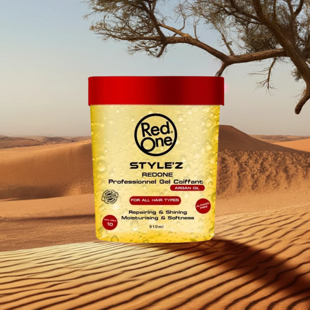 RedOne Style’z Coiffant Gel with Argan Oil in red container for hair repair and shine. RedOne Style’z Coiffant Gel with Argan Oil in red container for hair repair and shine.