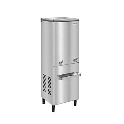 A person filling a glass from the Voltas FSS 60/120 water cooler in an office setting.
