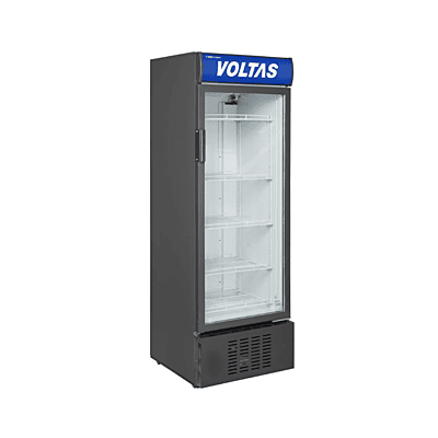 Side profile of Voltas Visi Cooler 450 Litres Single Door, showing its compact and modern design.