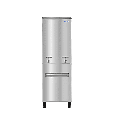 Front view of the Voltas FSS 60/120 stainless steel water cooler with two taps.