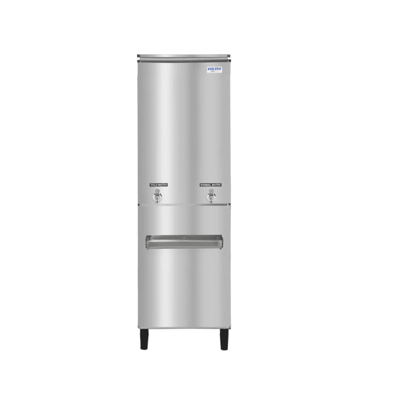 Front view of the Voltas FSS 60/120 stainless steel water cooler with two taps.
